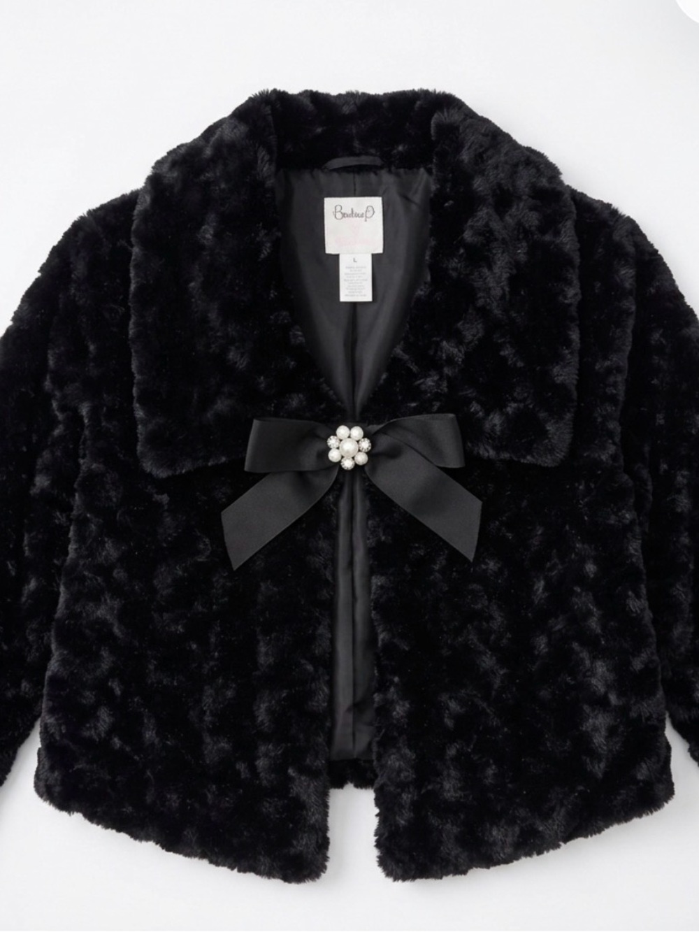 Candie's Black Faux Fur Cape with Pearl Brooch